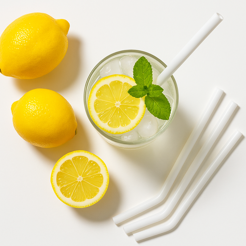 Glass of lemonade with lemons and straws on a white background