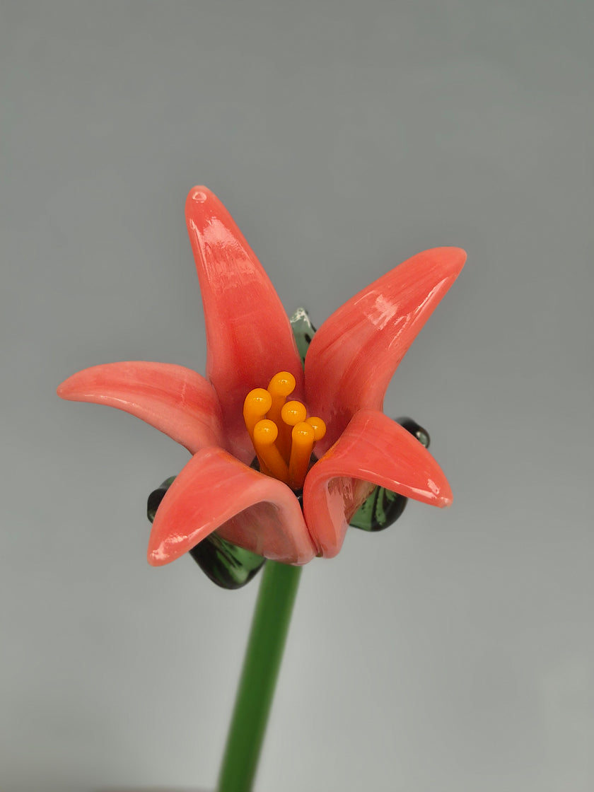 Pink flower-shaped brooch on a gray background