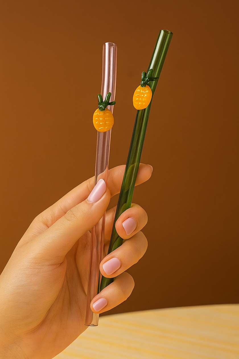 Pineapple   Collection Glass Straw Stirrers -Set of 2