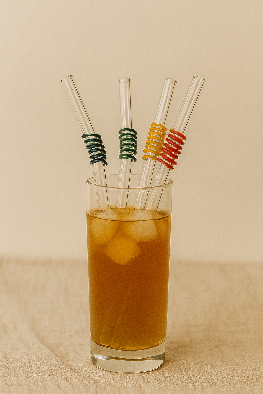 Glass of iced drink with colorful straws on a beige background