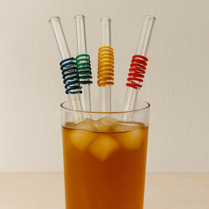 Clear straws with colorful spiral designs in a glass of iced tea.