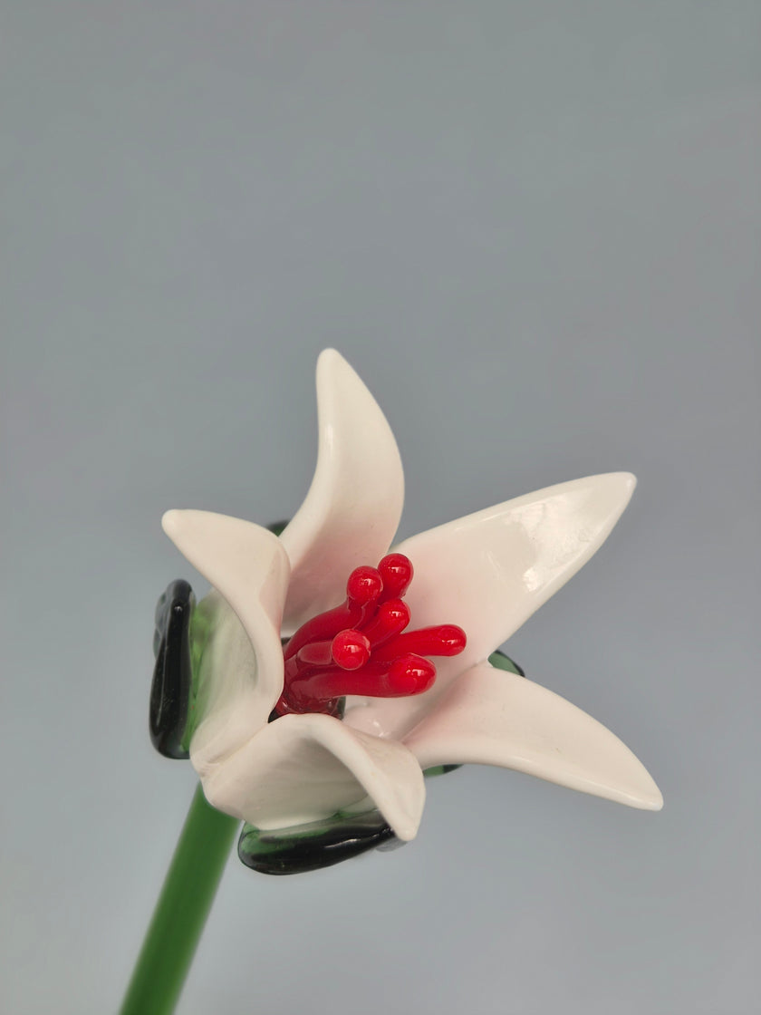 Glass flower with white petals and red center on a gray background