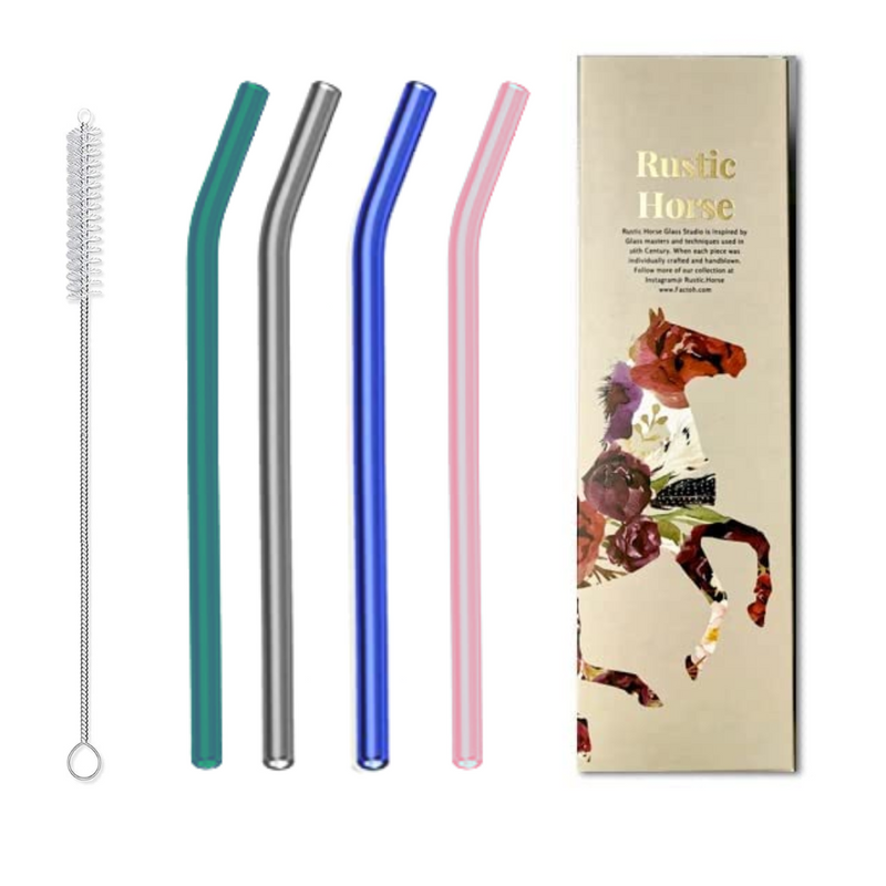 Glass Straws by Rustic Horse.Pack of 4 with Brush (Colour Mix)