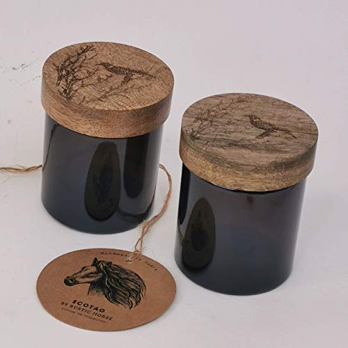 RUSTIC HORSE Artsy Wood and Glass 100ml Kitchen jar for Storage and Decor. Set of 2 (Perched Bird)