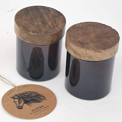 RUSTIC HORSE Artsy Wood and Glass 100ml Kitchen jar for Storage and Decor. Set of 2 (The Grid)