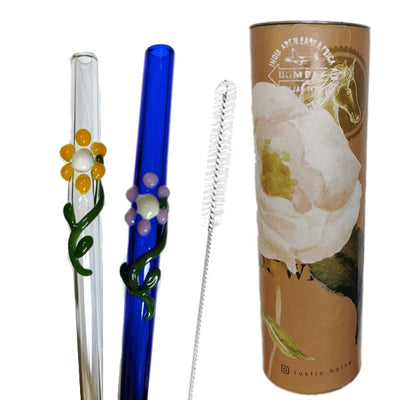RUSTIC HORSE   Glass Straws  with flora art  decor. 8" x 9.5 mm Handblown -Pack of 2 with brush