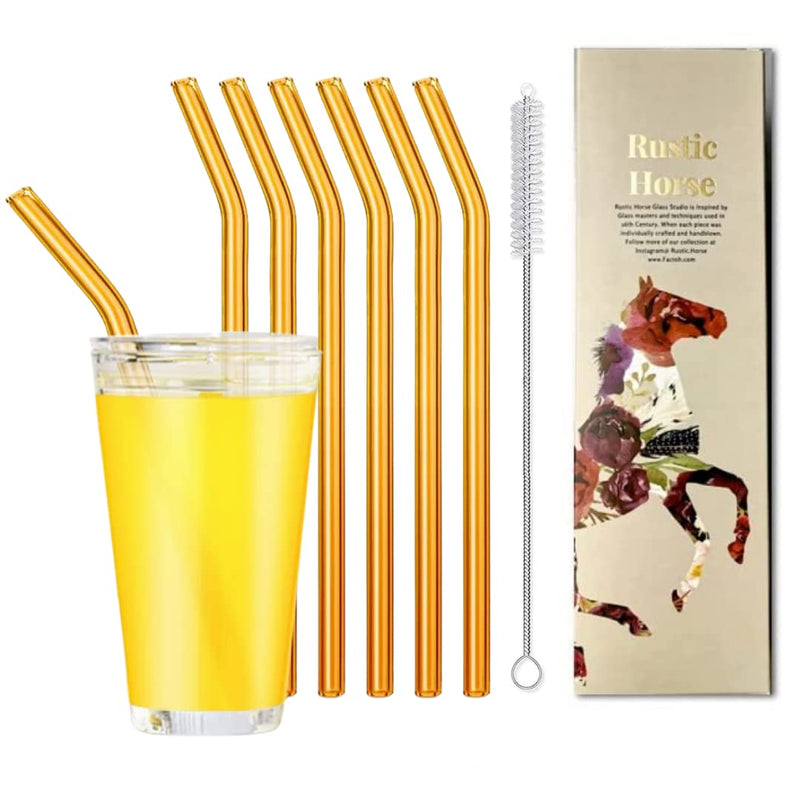Amber Transparent  Glass Straws 6 pcs with brush