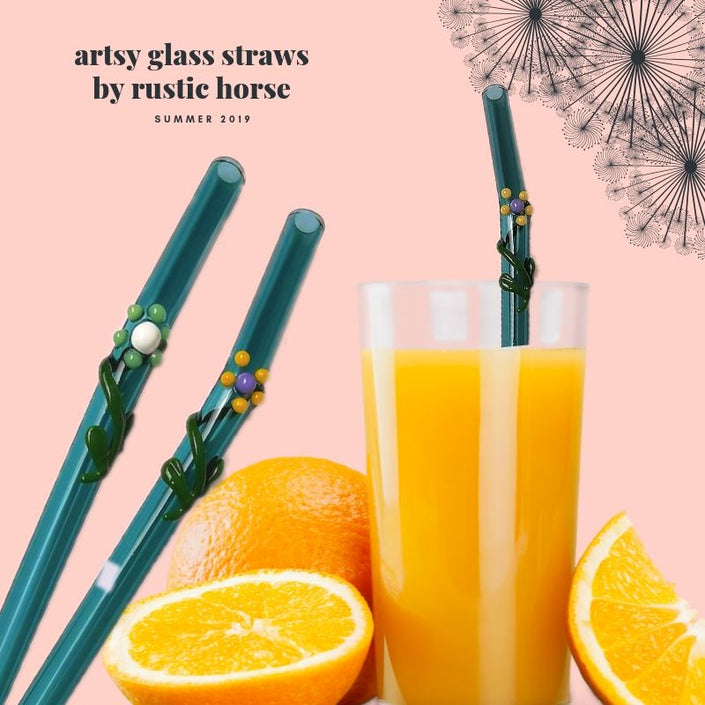 Flora Collection  Drinking Glass Straws (Onyx & White) by Rustic Horse Glass studio